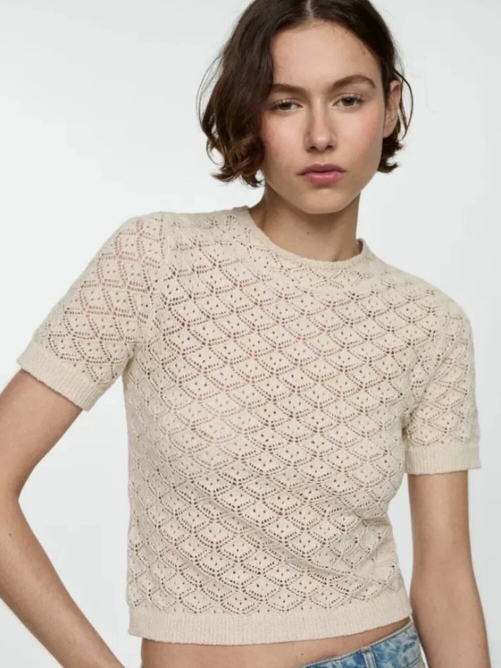 MNG Cream Open Knit Short Sleeve Sweater Size Medium